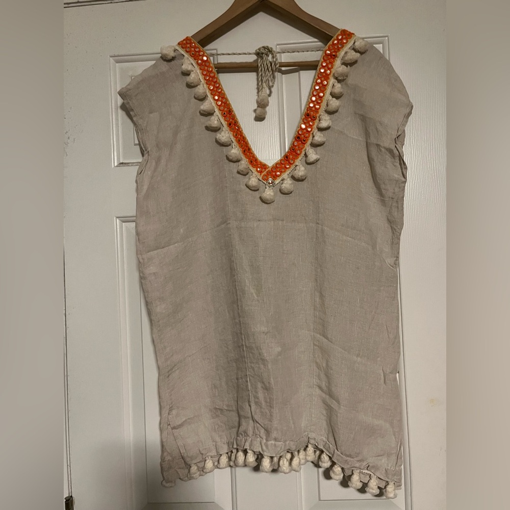 OndadeMar linen  dress with embroidered neckline and tassel trim size large